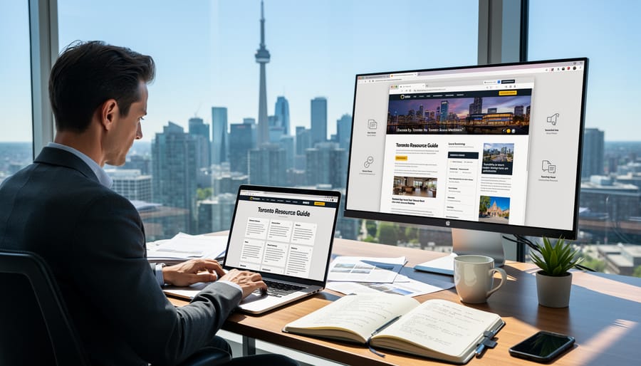 Person researching and compiling Toronto family resources on laptop