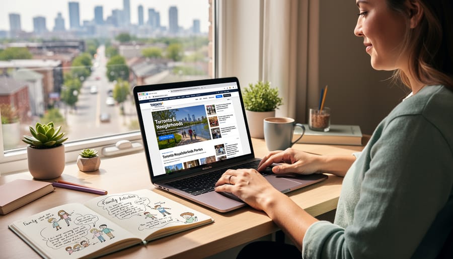 Toronto waterfront with families and city skyline showing community attractions