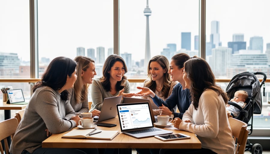 Two mothers collaborating at Toronto café with laptops discussing content partnership