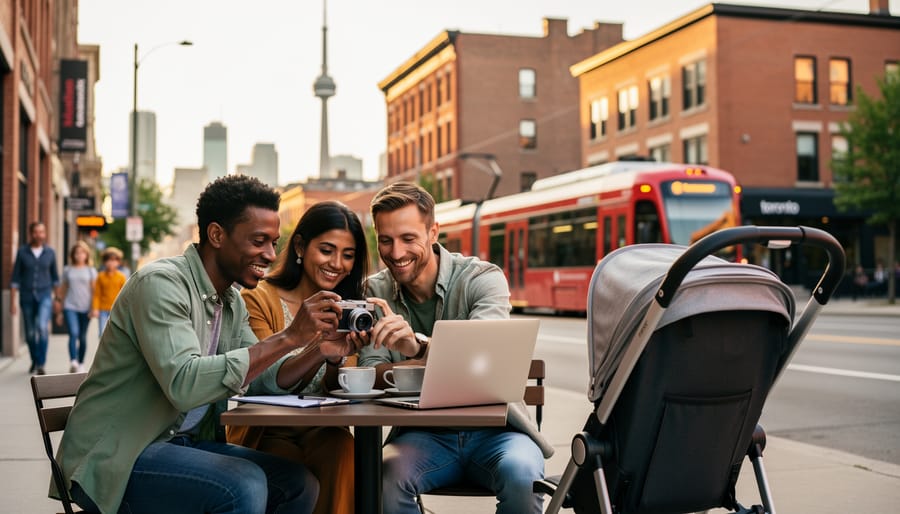 Three parents with a stroller collaborate at an outdoor Toronto cafe, camera and laptop on the table, CN Tower and a blurred red streetcar in the background under warm evening light.
