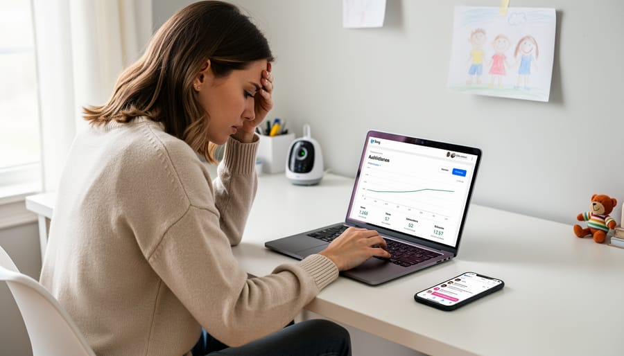 Frustrated woman blogger working at laptop looking stressed