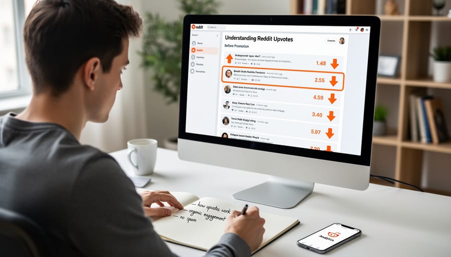Hands holding smartphone showing Reddit app with upvote interface
