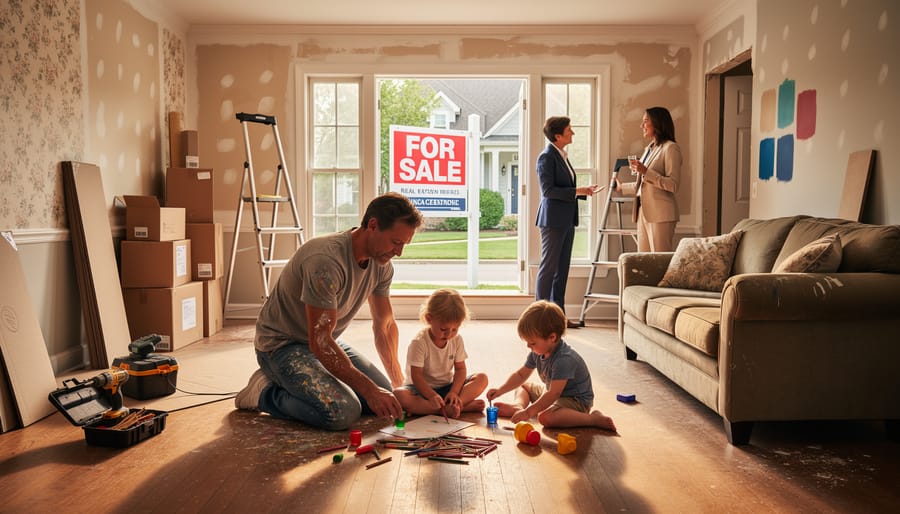 Mother with two toddlers sitting among moving boxes in a fixer-upper home