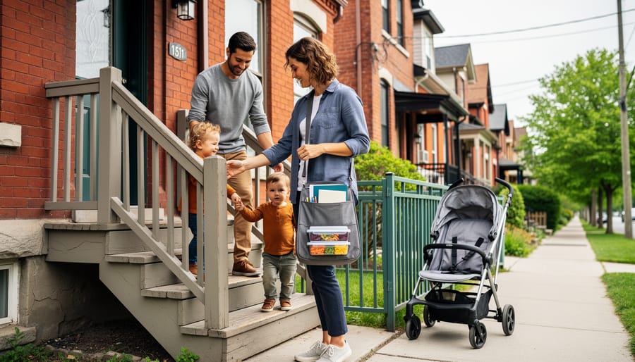 Young parents with two toddlers leave a slightly worn century brick Toronto home, carrying a prepared bag and reusable snack containers, with a stroller by a newly secured porch railing and blurred row houses in the background.