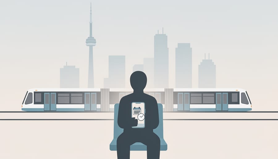 A person waiting on a Toronto subway platform at dusk holding a tote bag and water bottle.