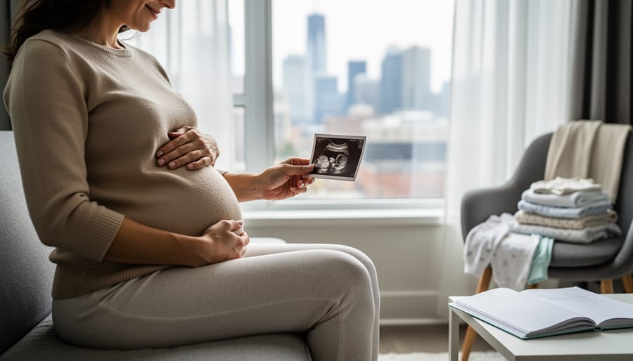 An expectant parent in a Toronto apartment seated by a window, holding an ultrasound photo while resting their hand on their belly next to a pregnancy journal and baby items.