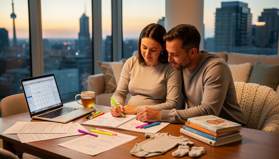 An expectant parent holds an ultrasound photo while seated at a window with a pregnancy journal in a Toronto apartment.