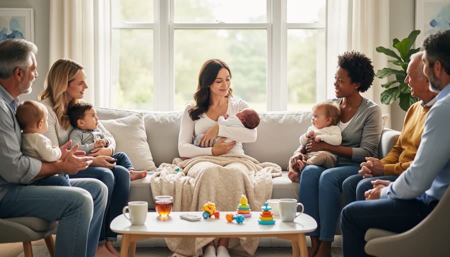 Parents in a bright early years centre relax together, with baby supplies and blankets visible nearby.