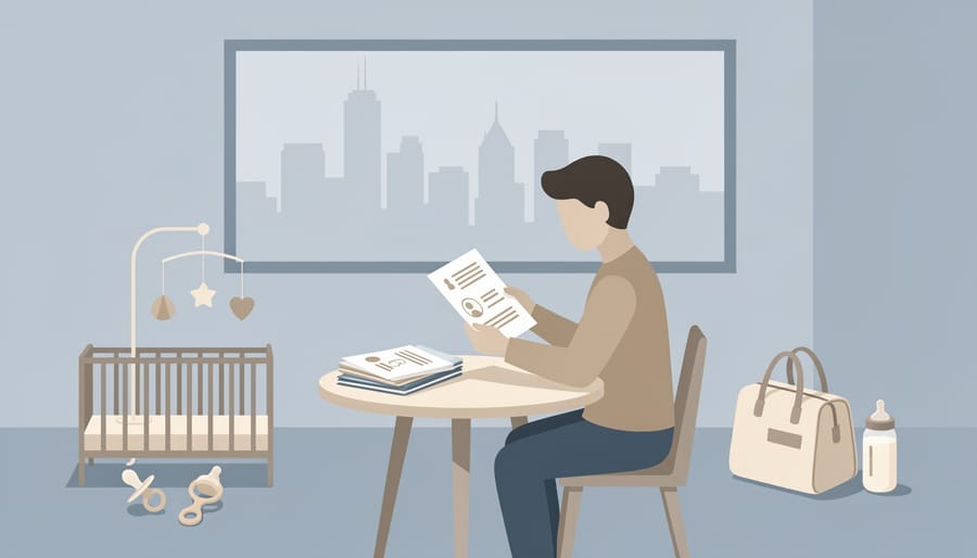 Expecting parent with childcare paperwork and baby booties on a kitchen table in soft morning light