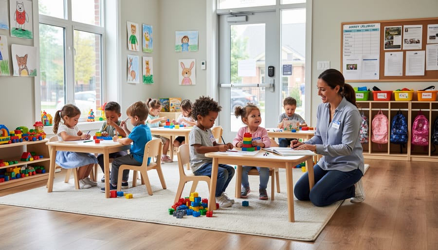 Staff member helping children at tables inside a licensed child care center classroom