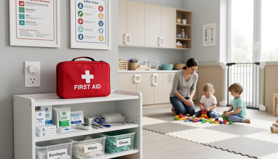 Close-up of safety checklist and first-aid kit on a table with childproof items visible