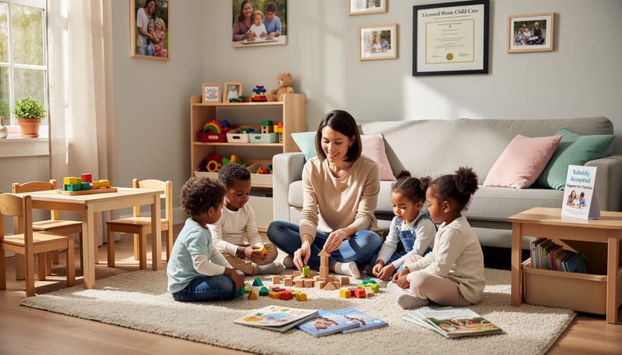 Caregiver and toddler playing with blocks on a floor mat in a licensed home child care setting