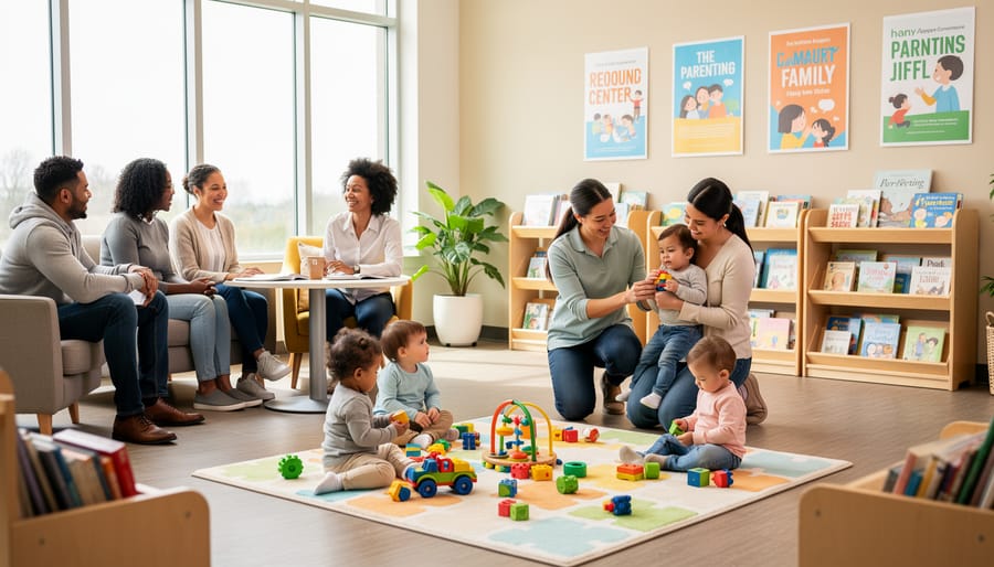 Parent and facilitator reading to children in a bright neighborhood family resource center playroom