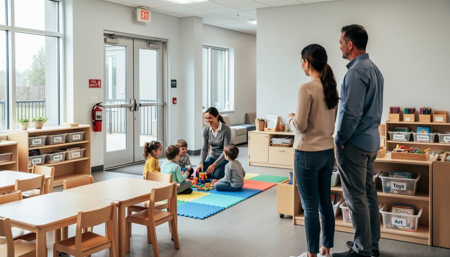 Parent at the doorway looking into a bright daycare classroom with child-sized furniture