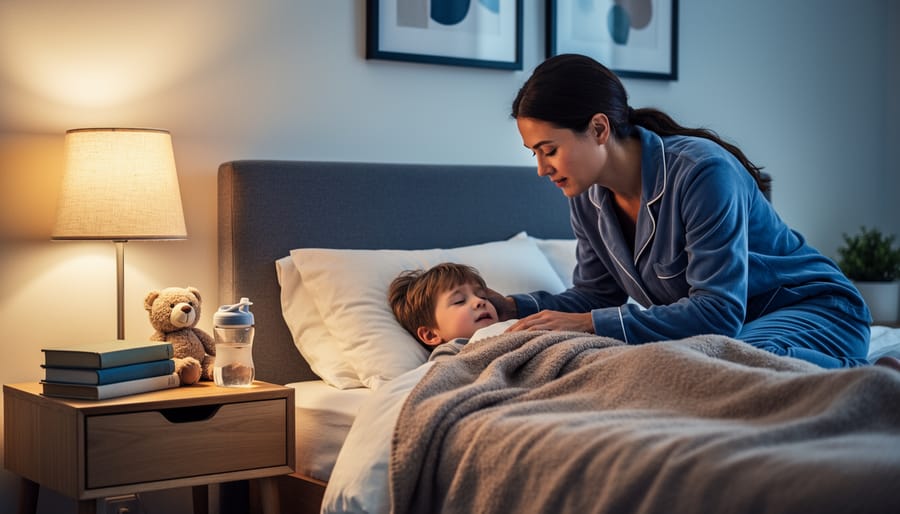 Warmly lit bedroom scene where a parent tucks a toddler into bed with a book and stuffed animal on the nightstand, suggesting a consistent bedtime routine.