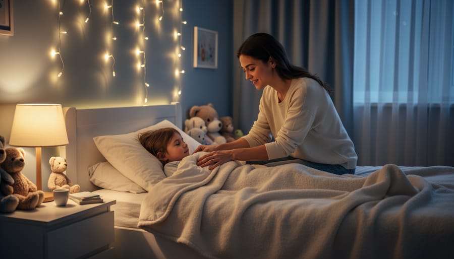 Parent dimming a lamp in a toddler’s bedroom to create a calm bedtime setting