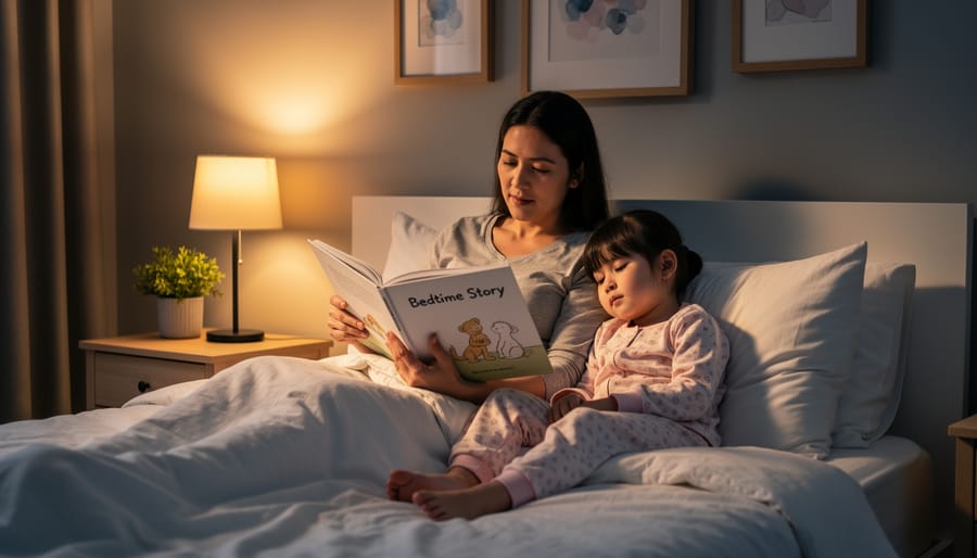 Child in pajamas reading a bedtime book while a parent sits nearby