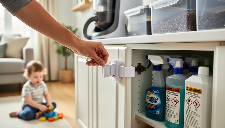 Close-up of a contractor securing a cabinet with a lock and covering materials with plastic sheeting during a renovation.