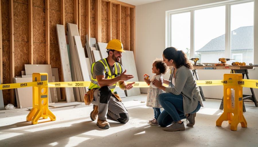 A parent and toddler stay near a temporary safety barrier while renovation work continues in the background.