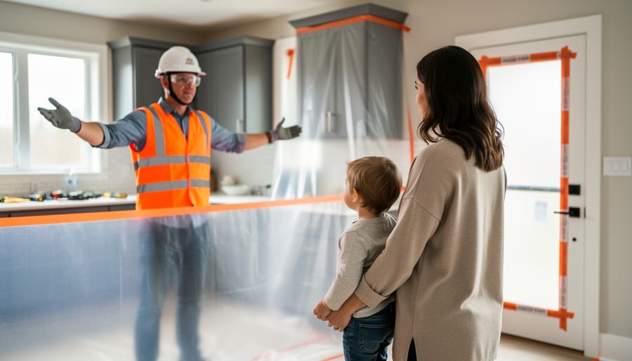 Parent and toddler in a living area observing a contractor working in a taped-off, dust-contained renovation zone inside a home.