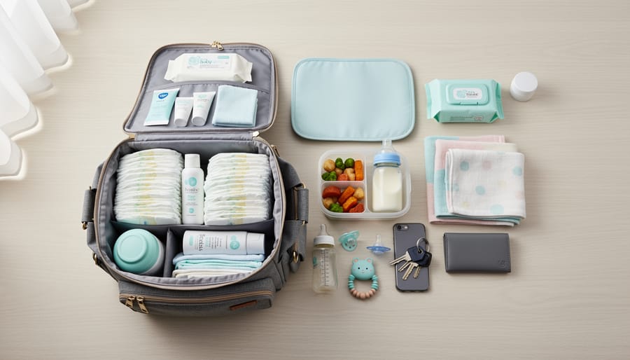 An open diaper bag showing snacks, a water bottle, wipes, a portable changing pad, spare clothes, and a small toy