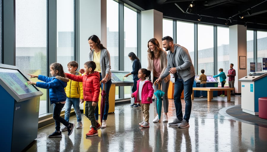 A parent and toddler enter a bright indoor museum-like exhibit area in Toronto