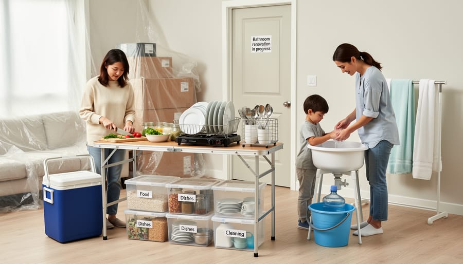 A family kitchen area with a clear temporary living zone and covered work area visible in the background.