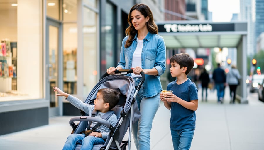 Toronto mom pushing a stroller with two young children during a downtown day, with softly blurred city and transit surroundings in the background.