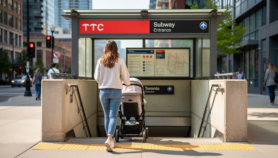 A parent pushing a stroller through a Toronto subway station entrance toward the platform
